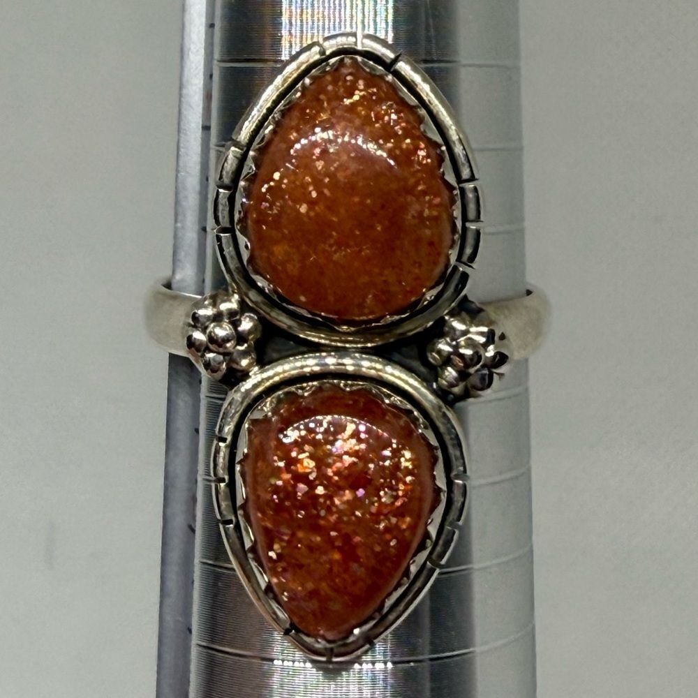 Double teardrop sunstone sterling silver ring